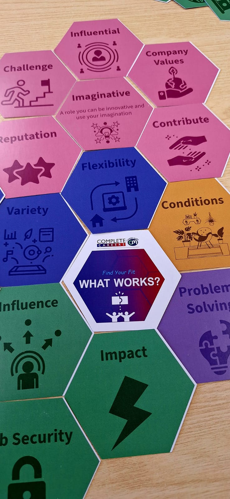 Find Your Fit hexagonal career values cards arranged together